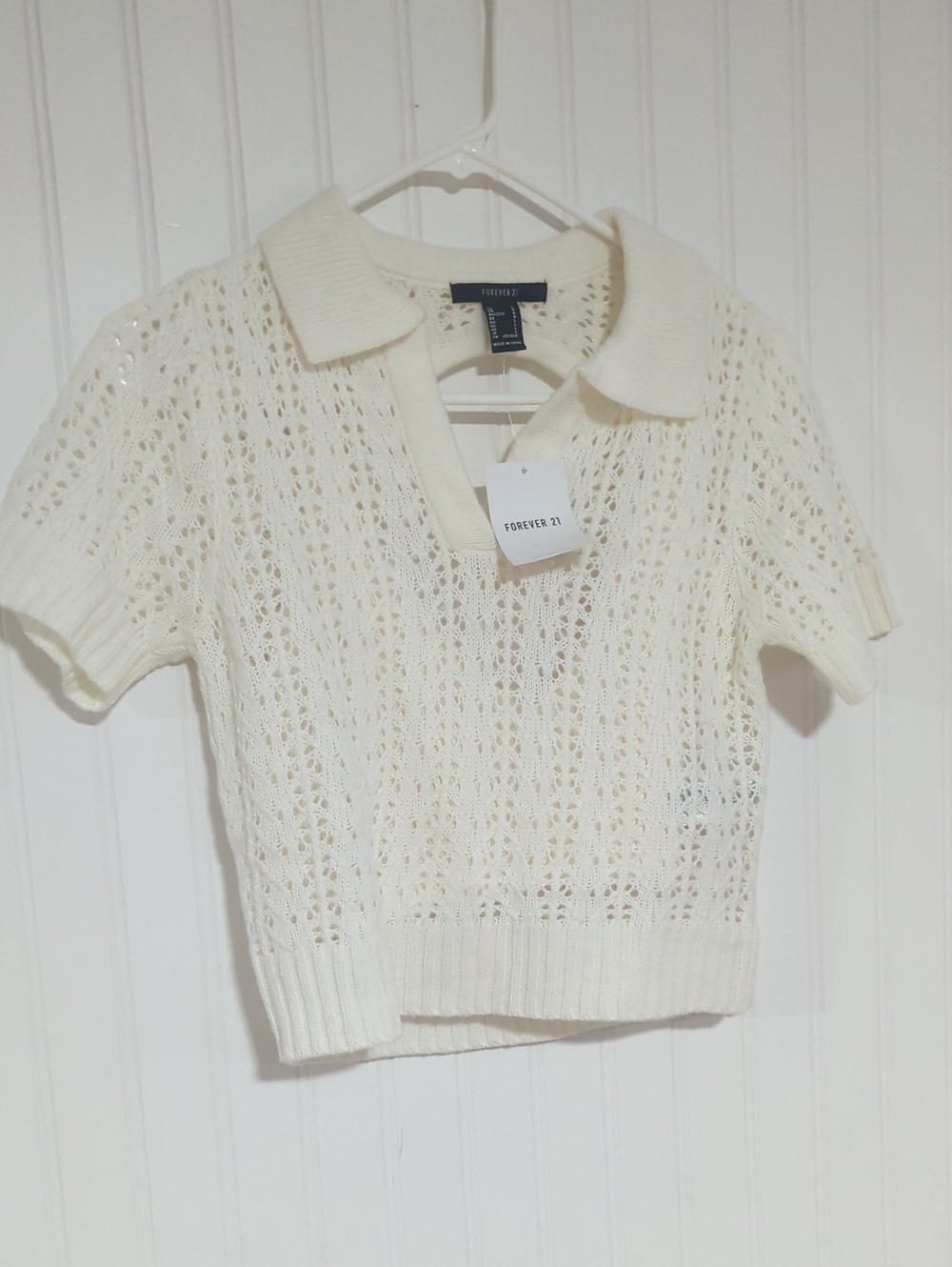 Forever 21 Cream Open-Weave Polo V-Neck Sweater